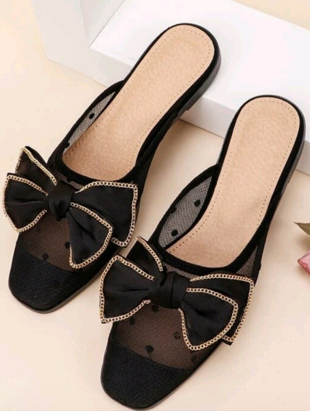 SHEIN Black Mesh Bow Slip-On Mules with Gold Chain Trim